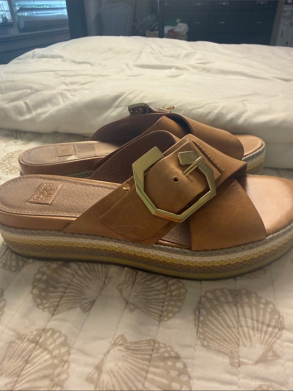 Louise et Cie Leather Buckle Platform Slide Sandals - Tan 6.5/37